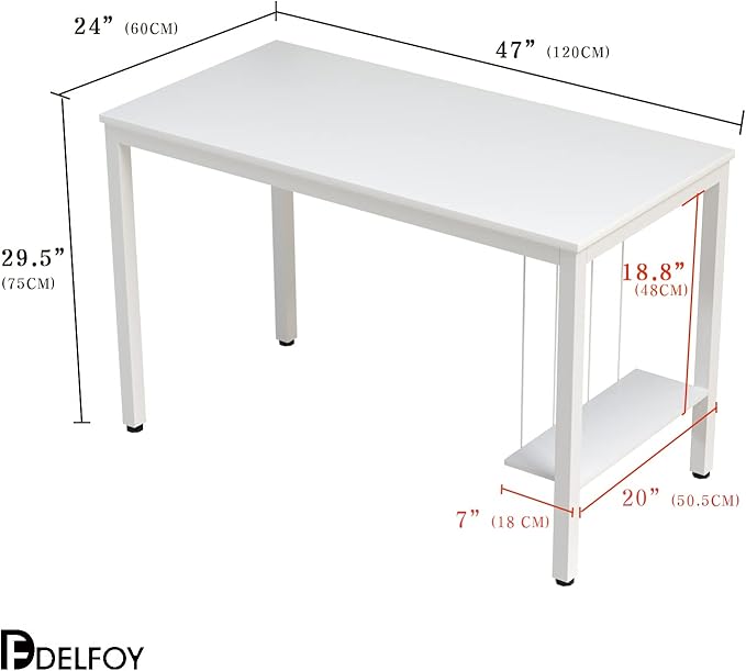 White Computer Desk 47" Writing Desk Study Table with CPU Storage Shelf for Home Office, Workstation, Office, Gaming Room- Sturdy Stable White Metal Frame - LeafyLoom