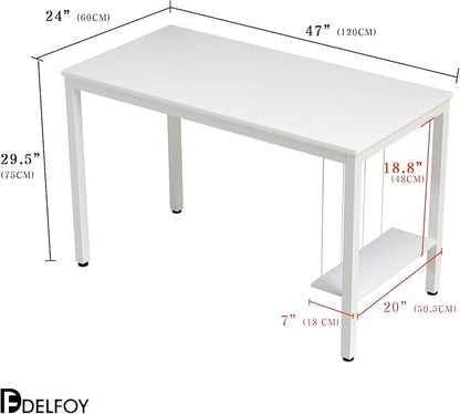 White Computer Desk 47" Writing Desk Study Table with CPU Storage Shelf for Home Office, Workstation, Office, Gaming Room- Sturdy Stable White Metal Frame - LeafyLoom