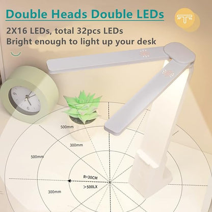 LED Double Head Desk Lamp with Large Lighting Range for Home Office,Portable Small Battery Operated Rechargeable Light for Kids,Reading,Studying,Dormitory,White - LeafyLoom