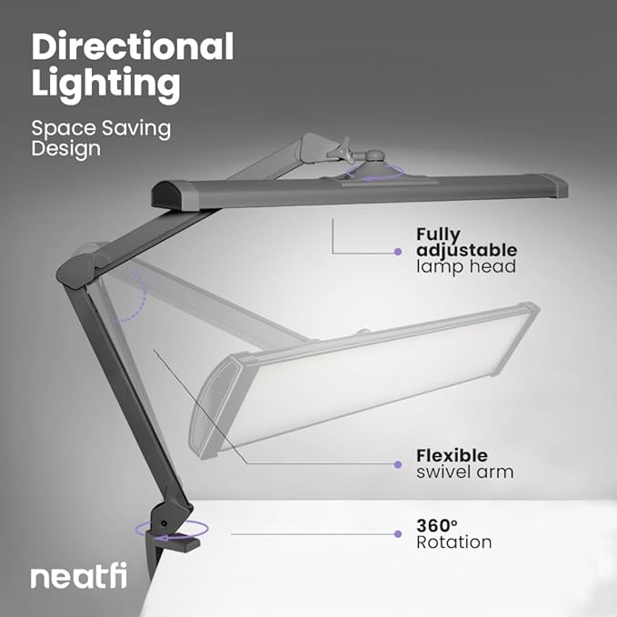 Neatfi Ultra 3,500 Lumen LED Desk Lamp, 45W, 26-Inch Wide Metal Shade, 270 SMD LEDs (Non-CCT with Clamp, Silver) - LeafyLoom