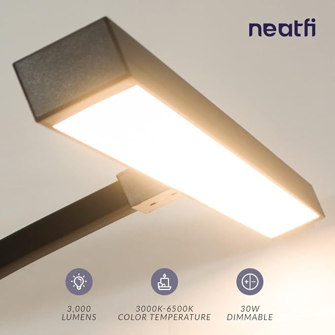 Neatfi (New Model) Flex Desk Lamp with Clamp, Dimmable, 3,000 Lumens 30W LED Monitor Light, 3000K-6500K Correlated Color Temperature, 5 Brightness Levels & 5 Light Modes (28 Inches, Black) - LeafyLoom