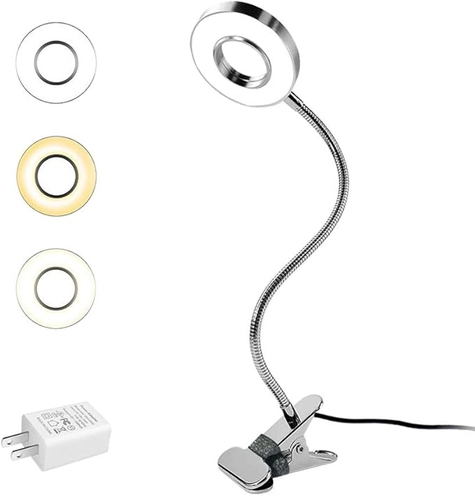 LED Reading Light, Dimmable Clamp Light for Bed Headboard, Bedroom, Office, 3 Modes & 9 Dimming Levels, Flexible Clip Desk Lamp, Adapter Included (Mattesilver) - LeafyLoom