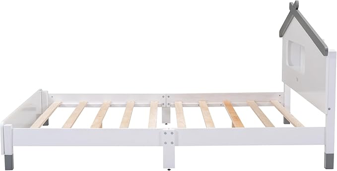 Full Size Bed Frame for Kids,Full Platform Bed with House-Shaped Headboard and Motion Activated Night Lights,Wood Full Kids Bed Frame for Girls,Boys(Full,White) - LeafyLoom