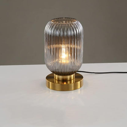 Bedside Table Lamp Mid Century Glass Table Lamps Modern Globe Table lamp Gold Desk lamp nightstand lamp with Pumpkin Design with Ribbed Glass Shade for Bedroom Living Room Office (Smoke gray) - LeafyLoom