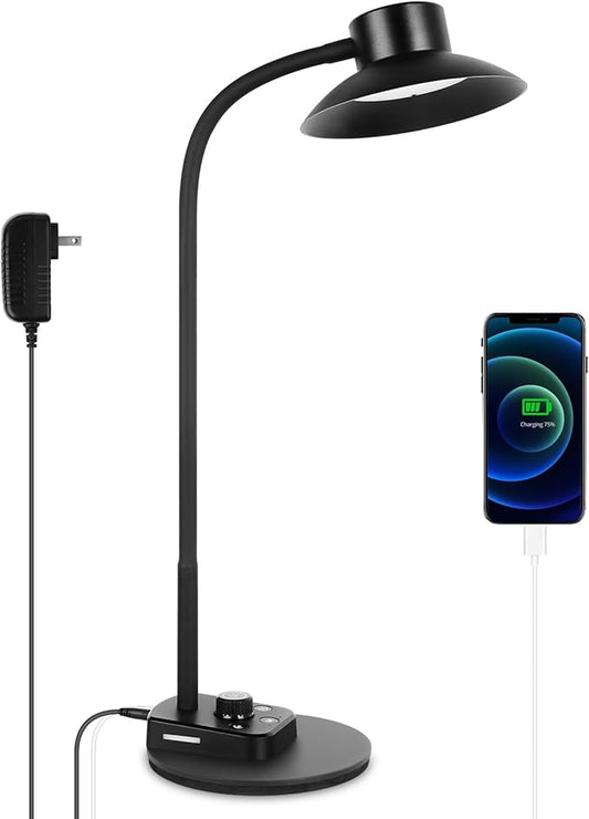 LED Desk Lamp for Office Home, Dimmable Reading Light with USB Charging Ports, Bedside Lamp with 5 Color Modes & Stepless Dimming, 360° Flexible Gooseneck Table Lamp(Adapter Included) - LeafyLoom