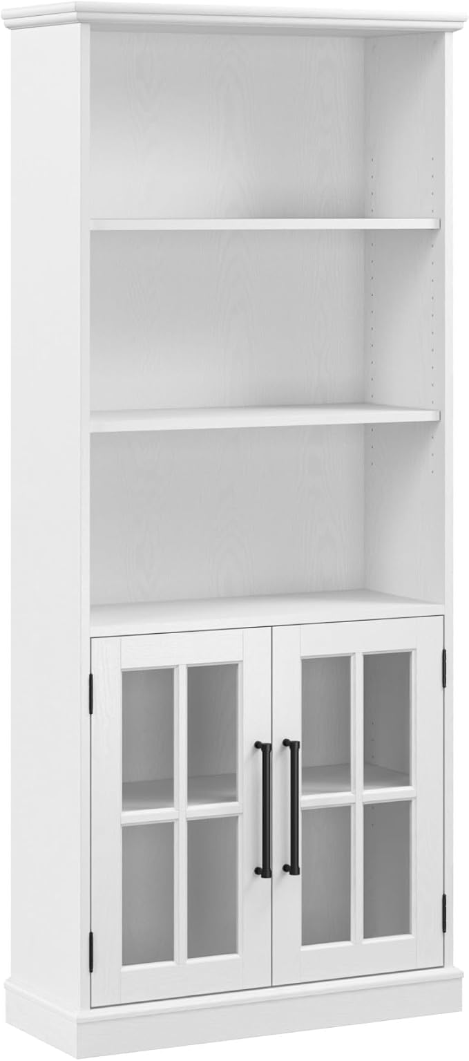 Bush Furniture Westbrook Tall 5 Shelf Bookcase with Glass Doors in White Ash | Farmhouse Bookshelf Cabinet for Living Room and Home Office - LeafyLoom