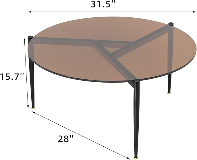 Round Tempered Glass Table: 31.5 inch Large Circle Top Storage Shelf with Metal Frame, Modern Coffee Table Center Desk Luxury Furniture for Living Room, Brown - LeafyLoom