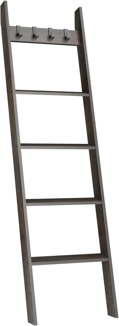 IBUYKE 5-Tier Blanket Ladder Shelf,Ladder Rack for Storage and Decor,Wooden Blanket Holder with Hooks,Easy Assembly for Bedroom,Rustic Brown TTR006G - LeafyLoom