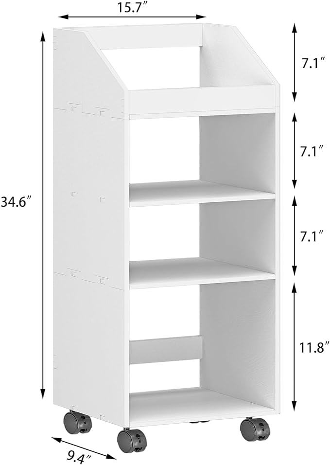 4-Tier Mobile Bookshelf, White Bookcase with Wheels, Rolling File Holder Desk File Book Organizer for Home Office Living Room School - LeafyLoom