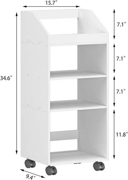 4-Tier Mobile Bookshelf, White Bookcase with Wheels, Rolling File Holder Desk File Book Organizer for Home Office Living Room School - LeafyLoom