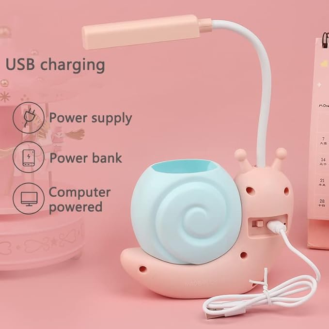 Cute Kids Lamp with Pen Holder,LED Desk Lamp for Child,Snail Shape USB Charging Student Learning Eye Protection Lamp with 360° Bendable Adjustable Neck Pink - LeafyLoom