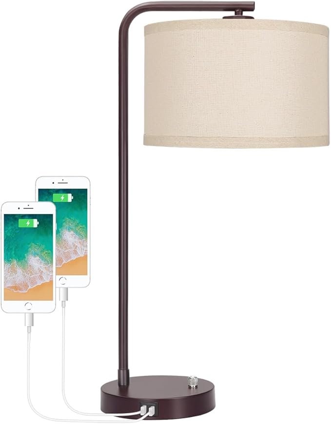 Side Table Lamp with Dual USB Ports, Dimmable Bedside Lamp Modern Nightstand Lamp Desk Reading Lamp with Linen Lampshade for Bedroom, Living Room, Study Room, Office, 9W 3000K LED Bulb Included - LeafyLoom