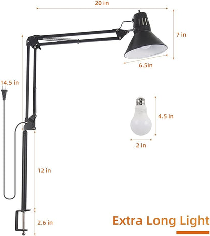 Desk Lamp for Home Office Eye-Caring Metal Extra Long Swing Arm Stable Clamp Flexible Gooseneck A19 E26 Bulb included as Table Working Reading Aesthetic Computer Versatile Light - LeafyLoom