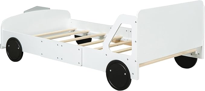 Full Size Car-Shaped Bed Frame for Kids,Wooden Platform Bed with Wheels and Side Rails for for Boys Girls,Wood Slat Supports,No Box Spring Needed,White - LeafyLoom