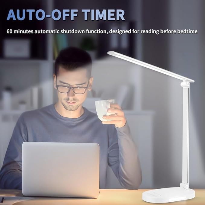 LED Desk Lamp for Home Office, Dimmable Table Lamp with USB Charging Port, 5 Lighting Modes, Sensitive Control, 60 Minutes Auto-Off Timer, Eye-Caring Office Lamp(White) - LeafyLoom