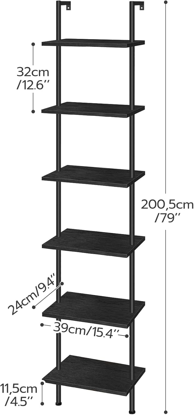 HOOBRO DIY Ladder Shelf, 6-Tier Wooden Wall Mounted Bookshelf, Narrow Bookcase, Display Shelf, Storage Rack, Plant Stand, for Living Room, Bedroom, Study, Balcony, Black BB651CJ01 - LeafyLoom