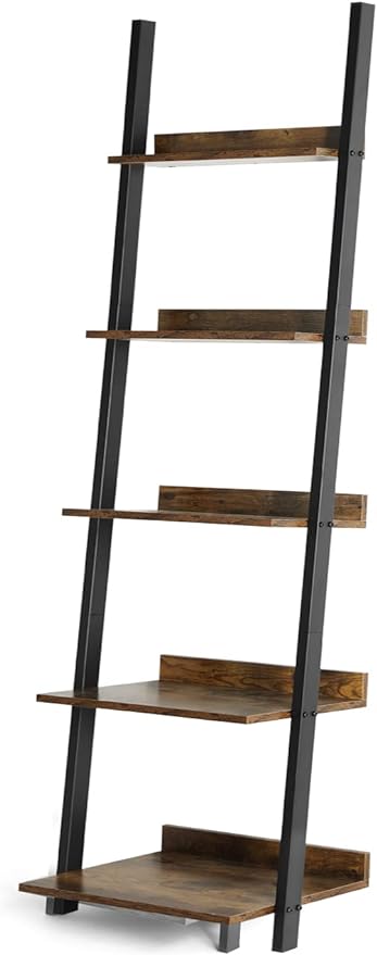 HYNAWIN 5 Tier Ladder Shelf-Wood & Metal Bookcase,Wall Mount Bookshelf Standing Unit,Multipurpose Plant Stand for Livingroom,Kitchen,Space Saving Display Rack,Industrial Accent Furniture - LeafyLoom