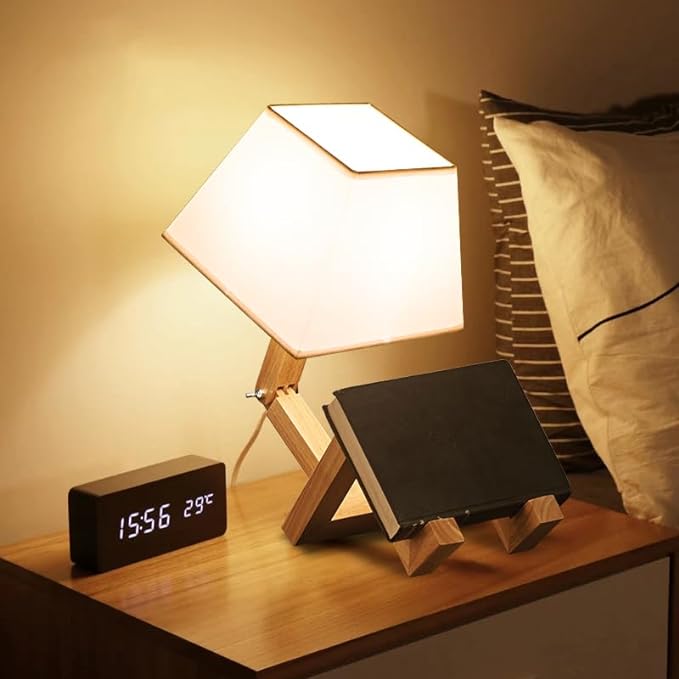 ELINKUME Cute Robot Desk Lamp,Dimmable Bedside Table Lamps,Square Lampshade Night Light with Foldable Solid Wood Body,Fun Kids Lamp, Nightstand lamp for Bedroom,Study,Office,Living room(Gift) - LeafyLoom