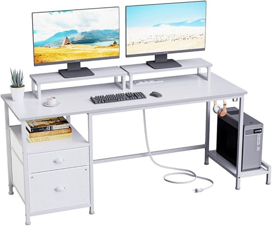 Furologee White Computer Desk with Drawer and Power Outlets, 55" Large Gaming Desk with Fabric File Cabinet and 2 Movable Monitor Shelves, Writing Table with CPU Stand and 2 Hooks for Home Office - LeafyLoom