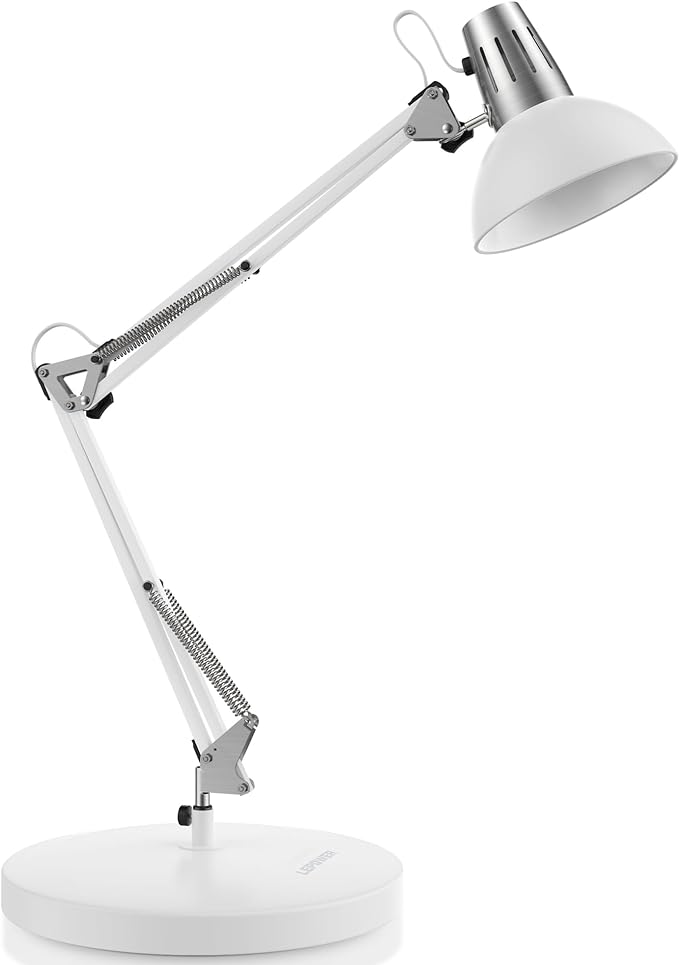 LEPOWER Metal Desk Lamp, Adjustable Goose Neck Architect Table Lamp with On/Off Switch, Swing Arm Desk Lamp with Clamp, Eye-Caring Reading Lamp for Bedroom, Study Room &Office (White) - LeafyLoom