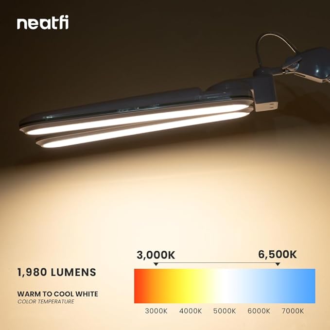 Neatfi Elite HD XL Task Lamp, 3 Light Modes, 90PCS SMD LED, Super Bright Desk Lamp, Eye-Caring LED Lamp, Non-Polar Dimming, Adjustable Brightness Levels (CCT with Clamp, Blue Ring, 17 Inches) - LeafyLoom