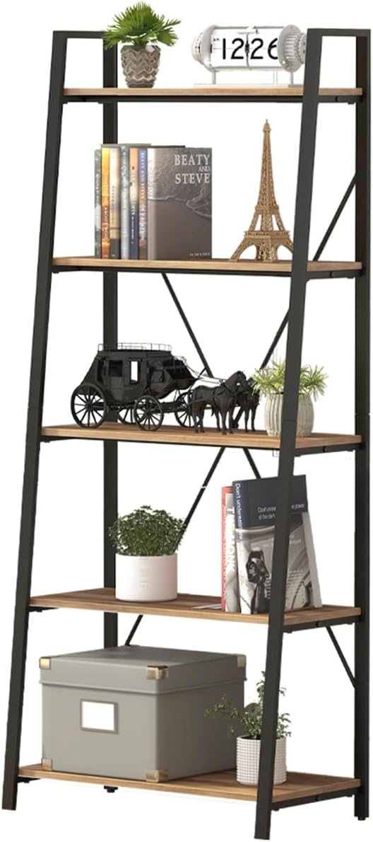 BON AUGURE Industrial 5 Tier Ladder Bookshelf, Wood and Metal Ladder Shelf Bookcase, Farmhouse Leaning Shelves for Living Room (Vintage Oak) - LeafyLoom