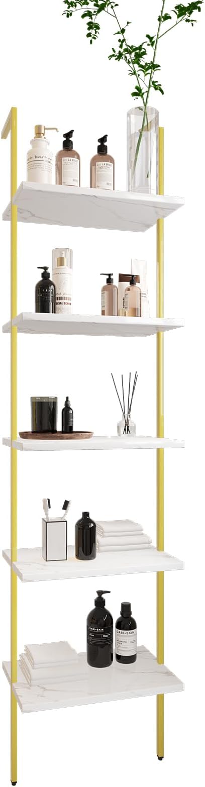 Ladder Shelf 5 Tiers Metal Industrial Bookshelf,White Marble Wood Tall Open Storage Rack and Display Shelves,Wall Mount Wide Book Case for Home Office Bedroom,Small - LeafyLoom