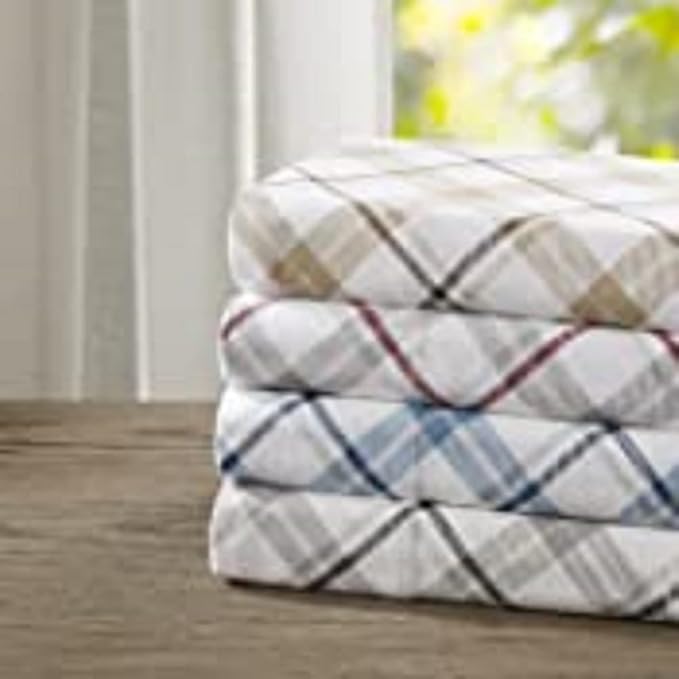 Comfort Spaces Cotton Flannel Breathable Warm Deep Pocket Sheets with Pillow Case Bedding, Cal King, Grey/Red Plaid 4 Piece - LeafyLoom