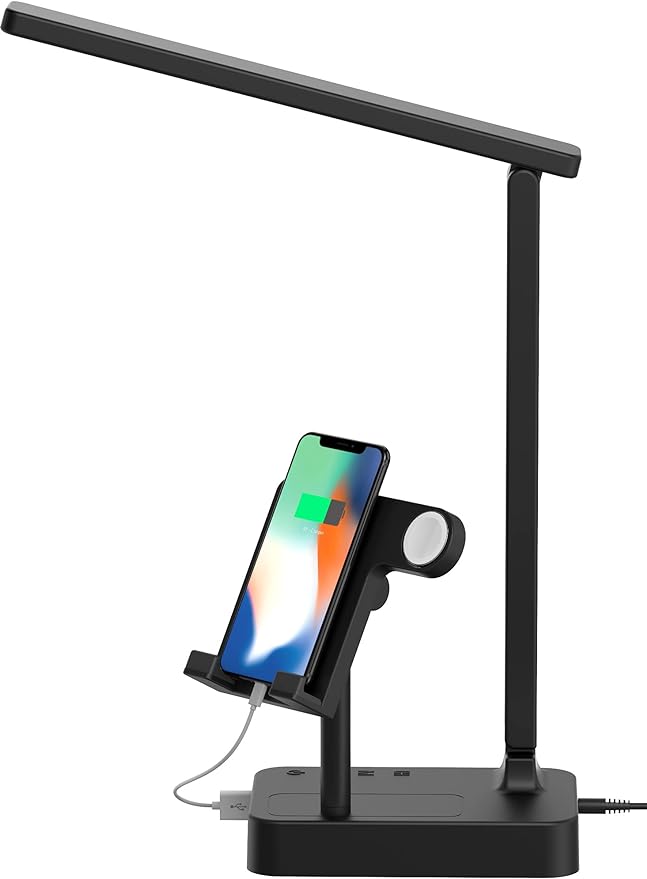 Drevet 3 in 1 LED Desk Table Lamp with Cell Phone Holder and Apple Watch Charger Stand, Eye-Caring Foldable Desk Light with USB Charging Port, 3 Level Brightness, Memory Function, Touch Control, Black - LeafyLoom