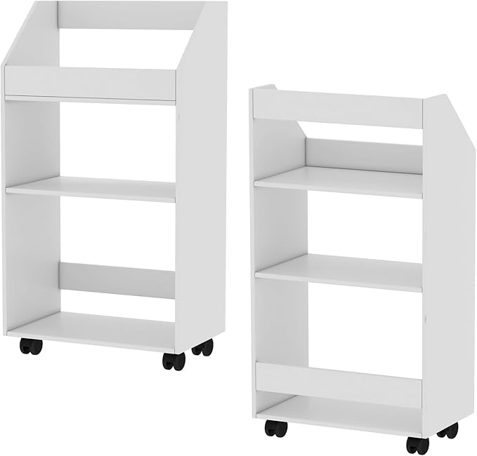 3-Tier Mobile Bookshelf, White Bookcase with Wheels, Rolling File Holder Desk File Book Organizer for Home Office Living Room School - LeafyLoom