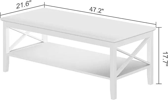 ChooChoo White Coffee Table Classic X Design for Living Room, Rectangular Modern Cocktail Table with Storage Shelf, 47 Inch - LeafyLoom