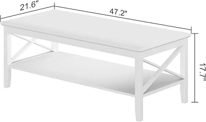 ChooChoo White Coffee Table Classic X Design for Living Room, Rectangular Modern Cocktail Table with Storage Shelf, 47 Inch - LeafyLoom