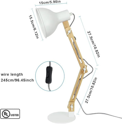 DINGLILIGHTING DLLT Swing Arm Desk Lamp, Wood Adjustable Gooseneck Table Lamp, Modern Architect Desk Light, Reading Light for Work, Study, Bedroom, Home Office, White Metal Shade, E26 Bulb Included - LeafyLoom