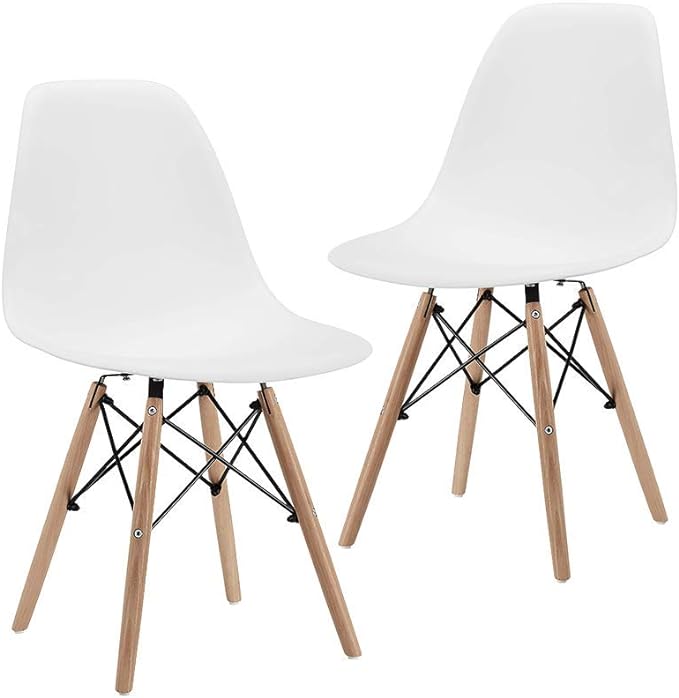 CangLong Modern Mid-Century Dining Chair Shell Lounge Plastic Chair with Natural Wooden Legs for Kitchen, Dining, Bedroom, Living Room Side Chairs Set of 2, White - LeafyLoom