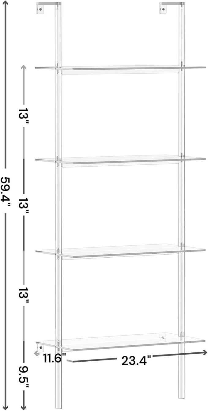 Acrylic Ladder Bookshelf, 4-Tier Clear Wall Mounted Bookshelf with Open Shelves, Multipurpose Bookcase for Living Room, Bathroom, Office, Modern, 11.6" D x 23.4" W x 59.4" H - LeafyLoom