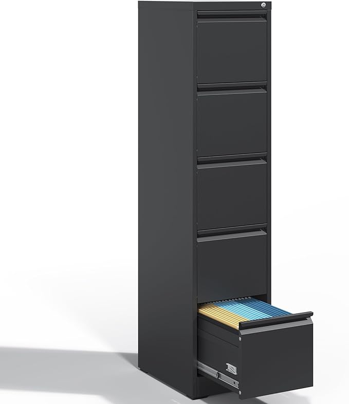 5 Drawer File Cabinet with Lock, Metal Vertical Filing Cabinets for Home Office, Steel Storage Cabinet for Hanging Legal/Letter Size Files, Assembly Required (Black) - LeafyLoom