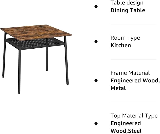 VASAGLE Dining Table, Square Office Desk with Storage Compartment, Industrial, 31.5 x 31.5 x 30.7 Inches,Brown - LeafyLoom