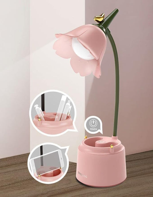 Pink Desk Lamp, Rechargeable LED Lamp with USB Charging Port, Kawaii Desk Accessories, 3 Color Modes & Stepless Dimming, Cute Lamp for College Dorm Bedroom Reading - LeafyLoom