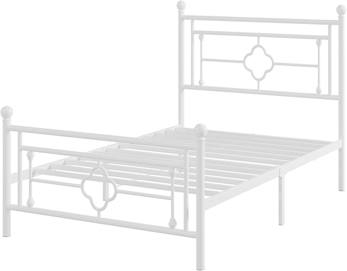 Allewie Twin Size Metal Platform Bed Frame with Victorian Vintage Headboard and Footboard/Mattress Foundation/Under Bed Storage/No Box Spring Needed/Noise-Free/Easy Assembly, White - LeafyLoom