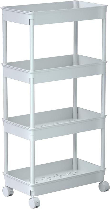 Sooyee 4 Tier Wide Storage Cart Mobile Shelving Unit Organizer Slide Out Storage Rolling Utility Cart Tower Rack for Kitchen Bathroom Laundry, Plastic & Stainless Steel,White - LeafyLoom