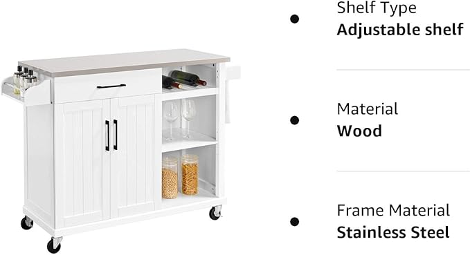 Yaheetech Kitchen Island Cart with Stainless Steel Top, Rolling Storage Cabinet on Wheels with Drawer& Wine Rack & Spice Rack, Sideboard Buffet with Towel Bar, White - LeafyLoom