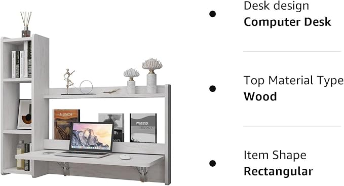 Pmnianhua Floating Desk,41'' Wall Mounted Desk Fold Down Laptop Desk Folding Space Saving Table Workstation with Storage Shelves for Bedroom Study Room Small Space (Off White-Left) - LeafyLoom