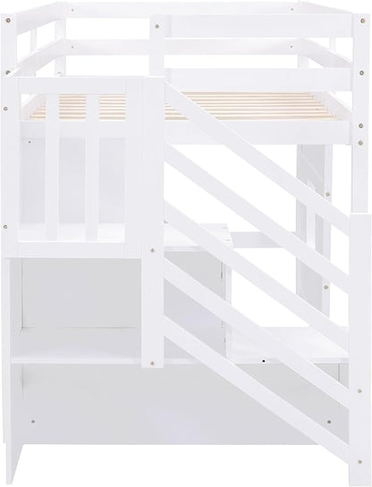 Twin Size Low Loft Bed with Storage Staircase,Kids Loft Bed Twin with Window,Space-Saving Low Loft Bed Frame for for Teens, Boys, Girls,White - LeafyLoom