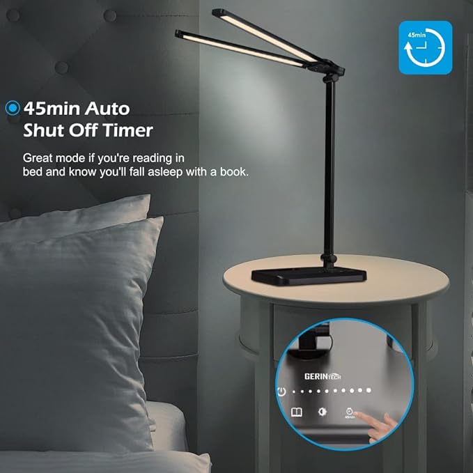 GERINTECH Dual Shade LED Desk Lamp with USB Charging Port & Pen Holder, Bright Table Lamp with Auto Shut-off Timer, 10 Adjustable Brightness, 5 Color Modes (Black) - LeafyLoom