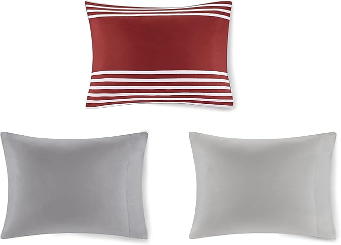 Comfort Spaces Queen Comforter Sets with Sheets - Bed in a Bag 9 Pieces Teen Bedding Sets Queen, Red and Grey Stripes Bedding Queen, College Queen Bed Set with 2 Side Pockets Bedroom Organizer - LeafyLoom