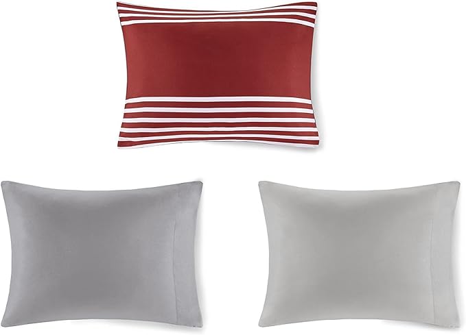 Comfort Spaces Comforter Sets with Sheets - Bed in a Bag 9 Pieces Teen Bedding Sets , Red and Grey Stripes Bedding Full, College Full Bed Set with 2 Side Pockets Bedroom Organizer - LeafyLoom