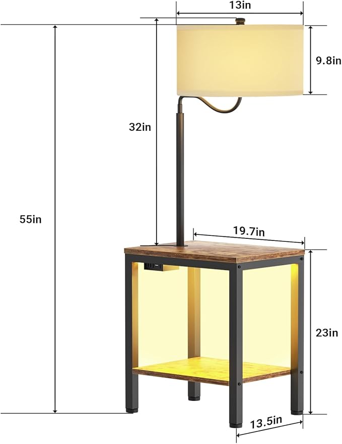 LED Floor Lamp with Table - Rustic Side Table with LED Light and Power Outlet, Bedside Nightstand with Lamp, End Table with Lamp Attached for Living Room, Bedroom, USB Ports, Bulb Included - LeafyLoom