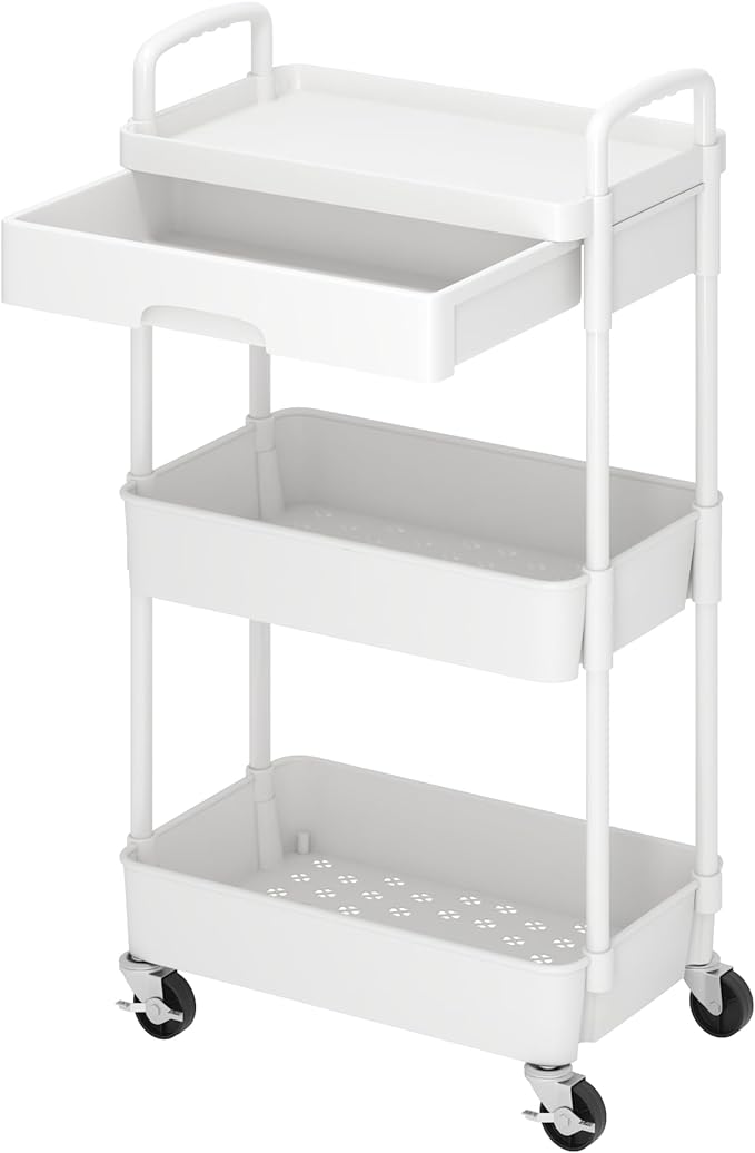 3-Tier Rolling Cart，Trolley with Drawer, Multifunctional Storage Organizer with Plastic Shelf & Metal Wheels, Kitchen Storage Cart for Living Room, Kitchen, Office, Bathroom, White - LeafyLoom