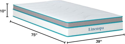 Linenspa 10 Inch Memory Foam and Spring Hybrid Mattress - Medium Feel - Bed in a Box - Quality Comfort and Adaptive Support - Breathable - Cooling - Perfect for a Guest Bedroom - Twin Size - LeafyLoom