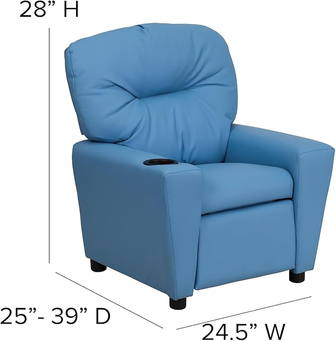 Flash Furniture Chandler Vinyl Kids Recliner with Cup Holder and Safety Recline, Contemporary Reclining Chair for Kids, Supports up to 90 lbs., Light Blue - LeafyLoom